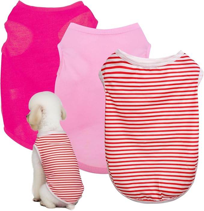 3 Pcs Cat Shirts Solid Color Dog Clothes Summer Sleeveless Stripe Pet T Shirts by choyaxo