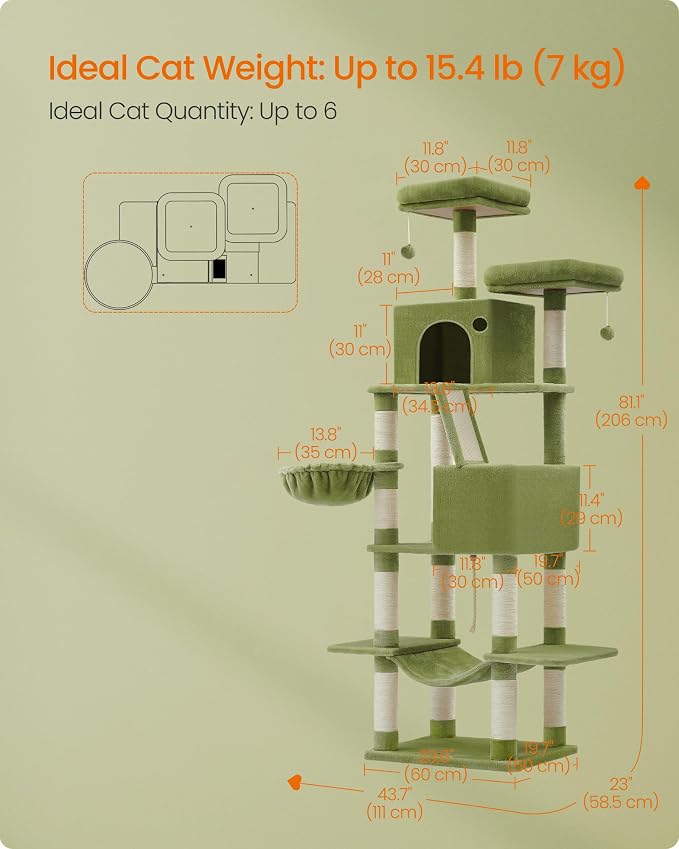 Feandrea Cat Tree, 81.1-Inch Large Cat Tower, 2 Perches, 2 Caves - Image 5