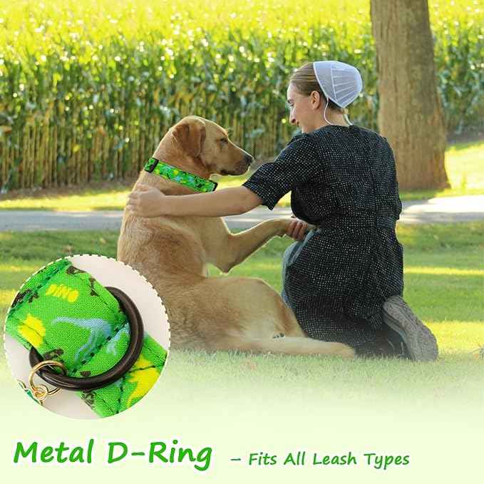 Dinosaur Dog Collar，Green with Multicolor Dino Pattern Handmade Cotton Collar