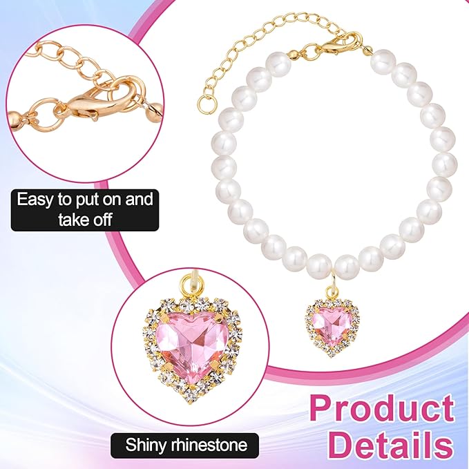 2pcs Cat Pearl Collar with Heart Pendant, Cute Pearl Pet Necklace in Small - Image 3