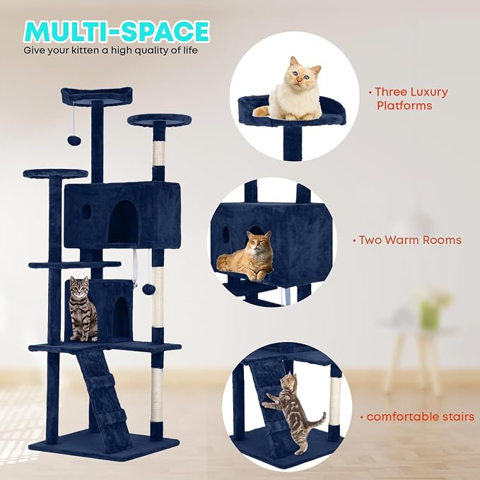 FDW | 70" Cat Tree Tower | Navy Blue | Multi-Level Indoor Activity Center - Image 5