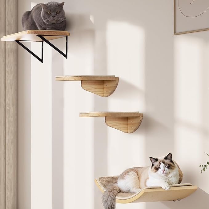 Wood Cat Wall Shelves with Sisal Cats Window Perch, Wall Mounted 4-Piece Cat by PELUOMOZ