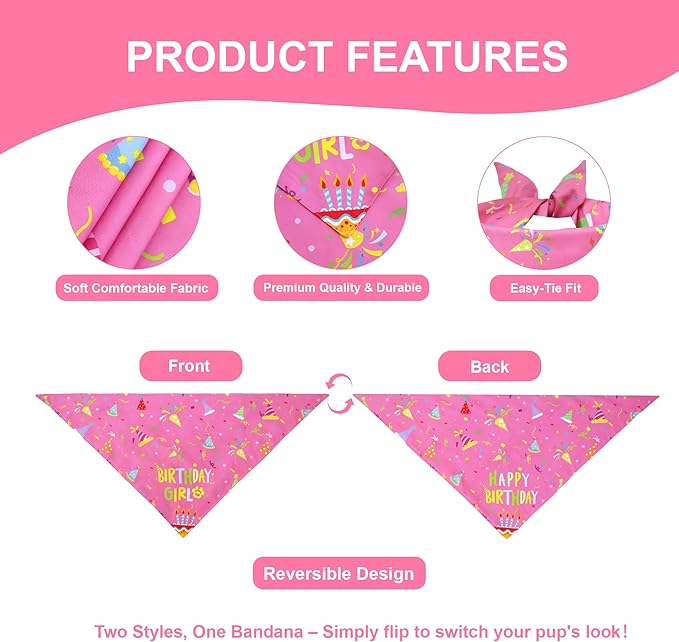 Dog Birthday Bandana Girl for Small Dogs, Reversible 2 Patterns in 1, Happy - Image 3