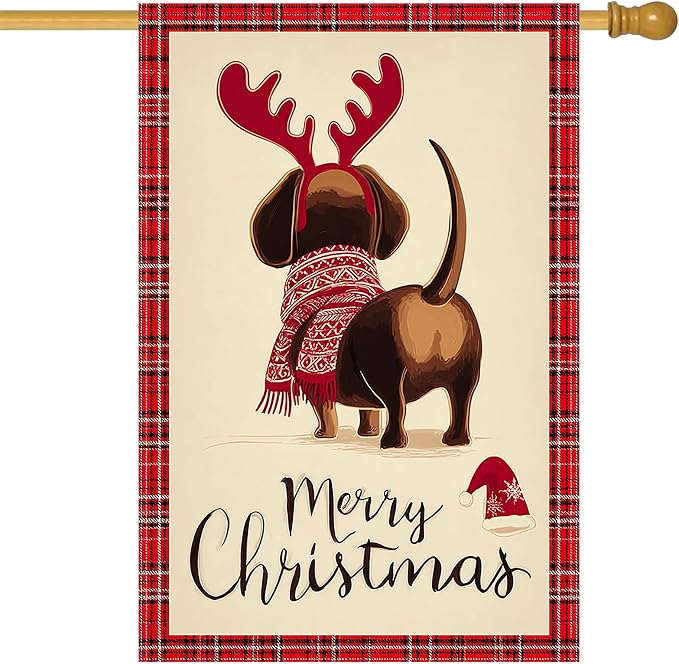 Merry Christmas Garden Flag Back View Dog Reindeer Antlers 28 x 40 Inch Double by BlissYard