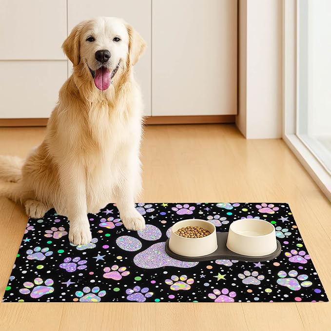 Pet Feedings Mats 20x12 inch Glitter Paw Print Pet Bowl Placemat Non Slip Mat - Image 3