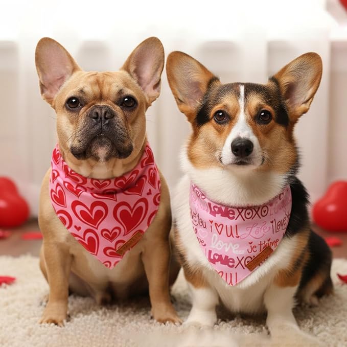 ADOGGYGO Valentine Dog Bandanas 2 Pack, Reversible Heart Love Print Pet Scarf - Image 3