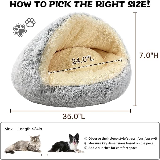 ShinHye Round Plush Fluffy Hooded Cat Bed Cave, Cozy - Image 2