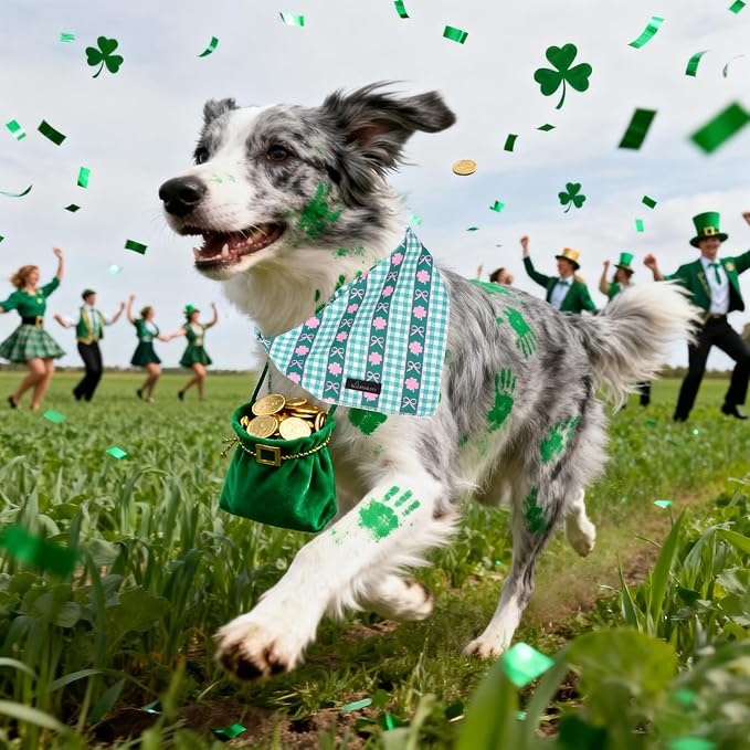 ARING PET St Patrick's Day Dog Bandana, Cute Green Grid Pink Clover Shamrocks - Image 3