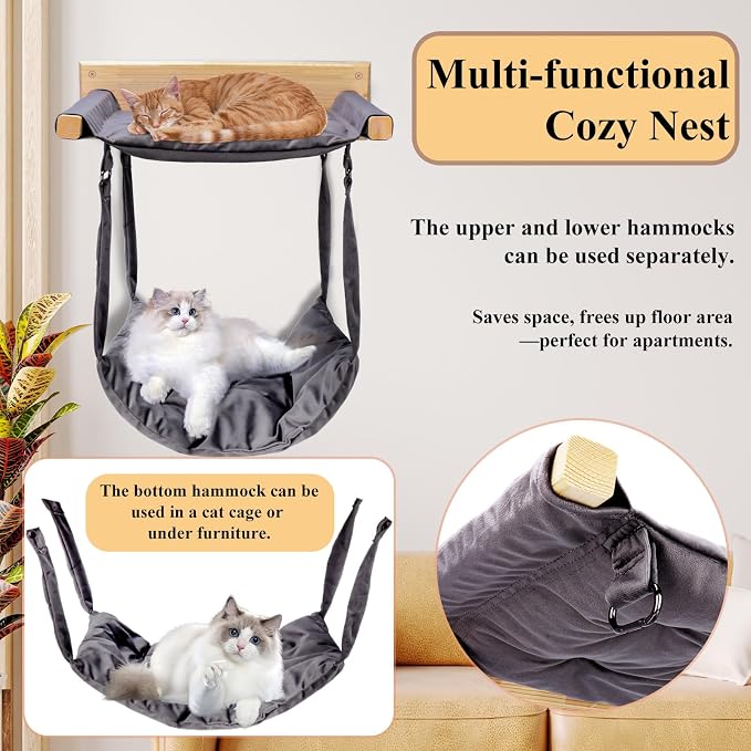 JSPYFITS Wooden Cat Wall Hammock, 18.9 x 12.6 Inch Double Layer Cat Furniture - Image 3