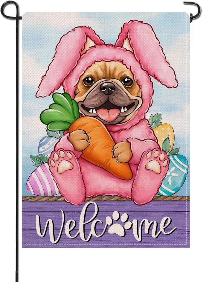 Artofy Welcome Easter Bunny Dog Small Decorative Garden Flag, French Bulldog by Artofy