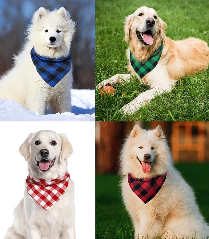 Christmas Plaid Bandana with Button, Fall Dual Layer Soft Cotton Triangle Dog - Image 5
