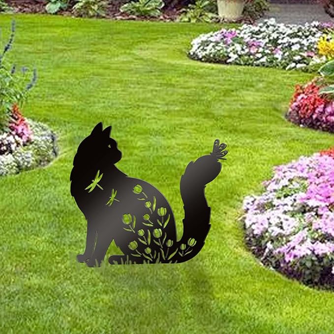 Bnesi Floral Long-Haired Cat Yard Decor Pet Grave Markers Metal Sign Silhouette - Image 2