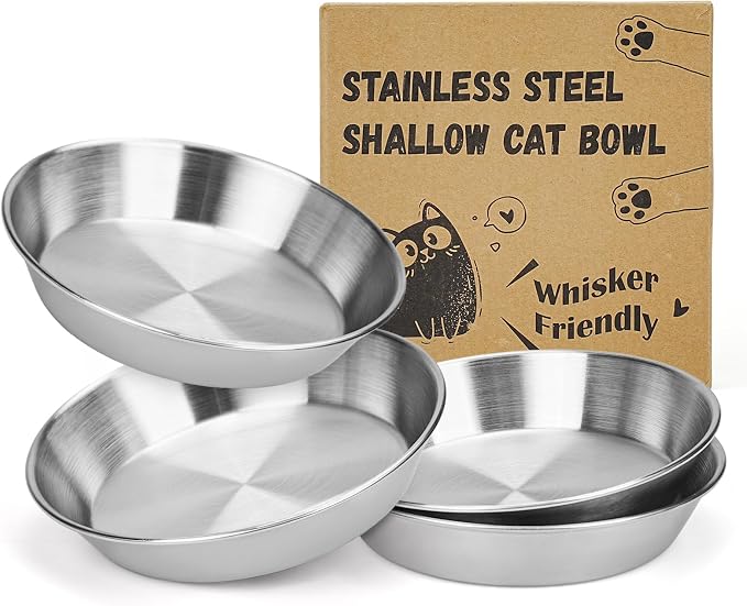 4-Pack Stainless Steel Cat Food Bowls, Shallow Whisker-Friendly Non-Slip by OriginalDesignbyPetLovers