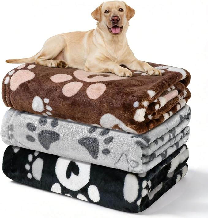 Dog Blankets 3 Pack for Large Medium Pet Cat, Soft Fuzzy Washable Blanket by Gowyeg