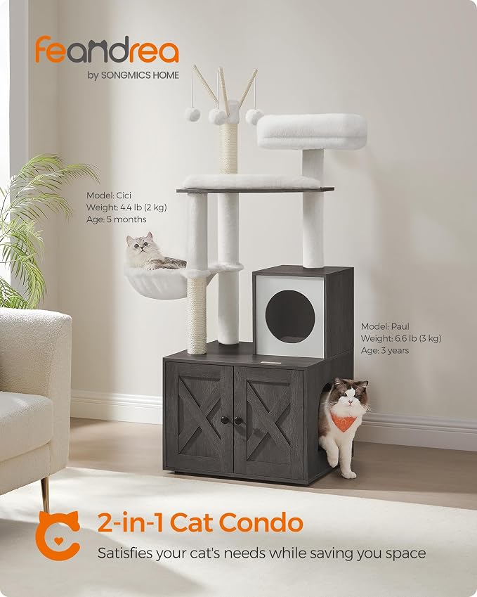 Feandrea Cat Tree with Litter Box Enclosure, 59-Inch Modern Cat Tower, 2-in-1 - Image 2
