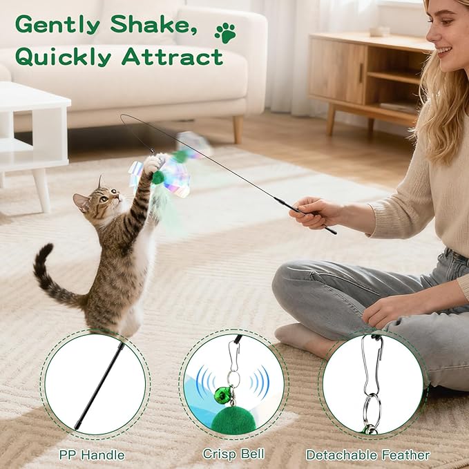 Pawaboo Feather Teaser Cat Toy, Interactive Feather Wand Cats Toy Flying - Image 3