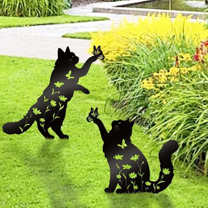 Bnesi Floral Long-Haired Cat Yard Decor Pet Grave Markers Metal Sign Silhouette - Image 2