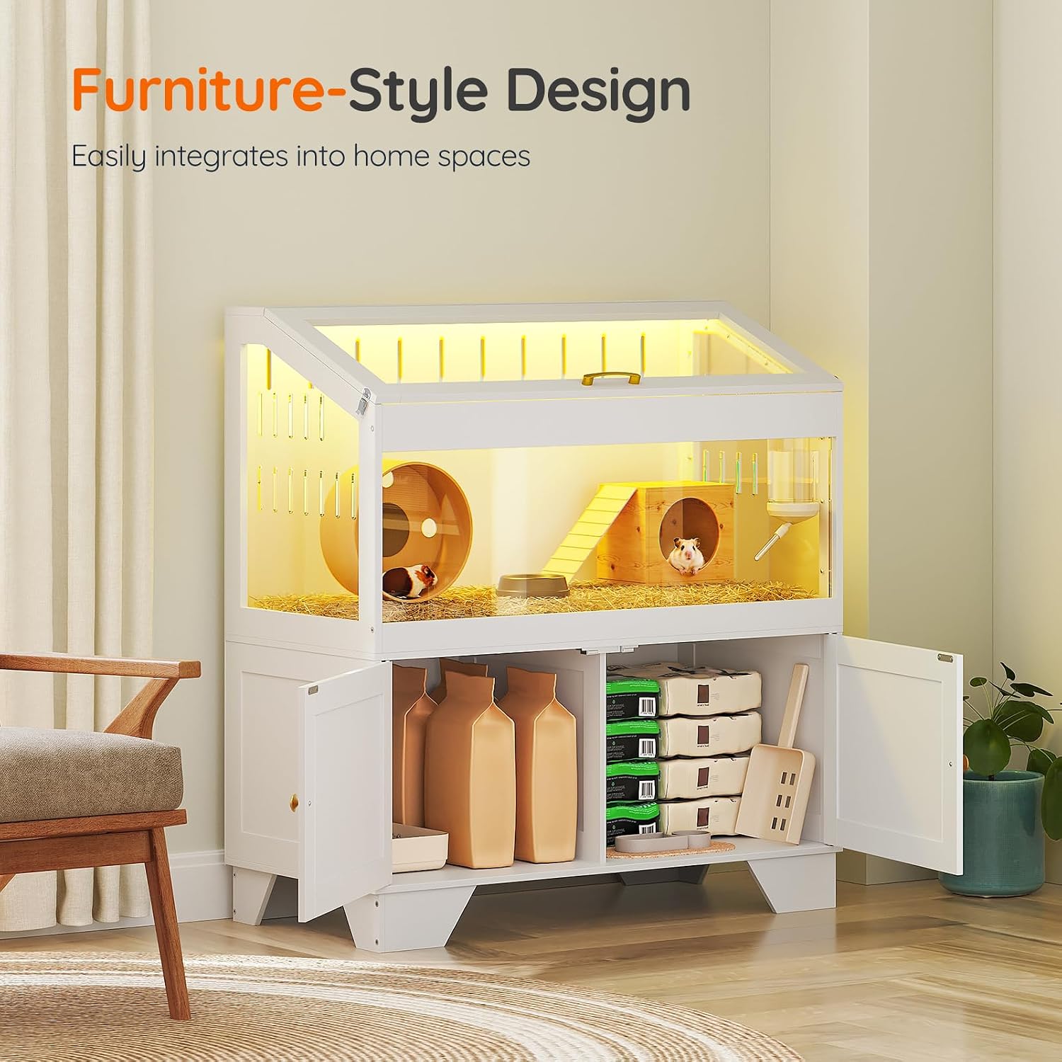 HOOBRO Large Hamster Cage with Storage Cabinet, White - GlobalHabitat Supply