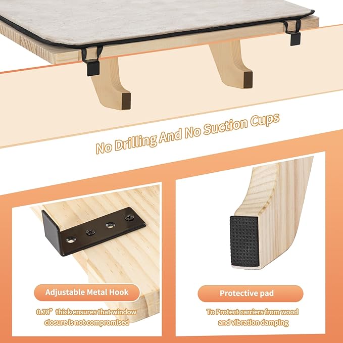 PETSFIT Cat Window Perch, Natural Solid Wood Cat Hammock - Image 6