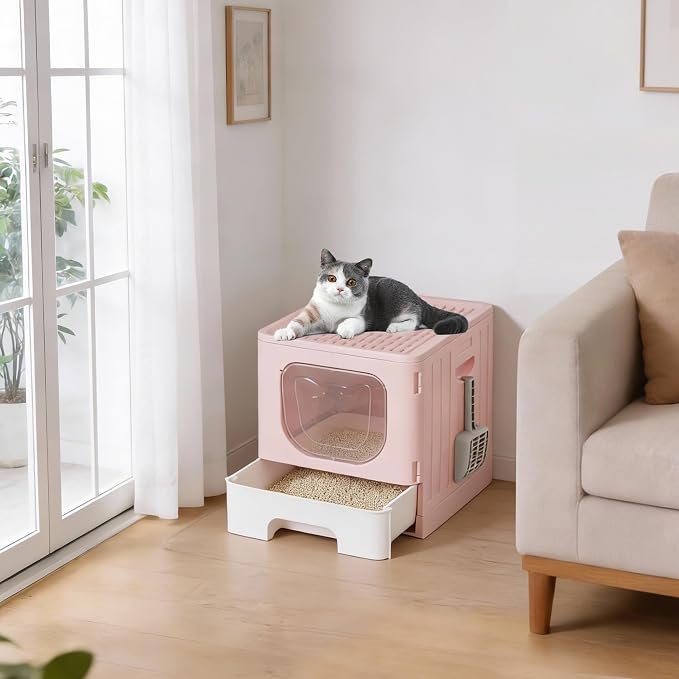 OLIXIS Cat Litter Box with Lid, Large Foldable Cat Box with Litter Scoop - Image 7