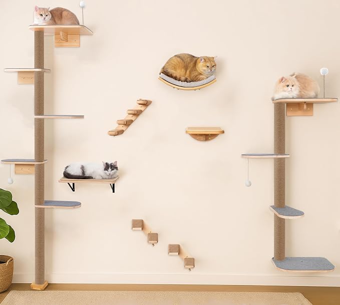 5-Tier Floor-to-Ceiling Cat Tree Tower, Upgraded Grey Felt Kittens Wall Shelves - Image 7