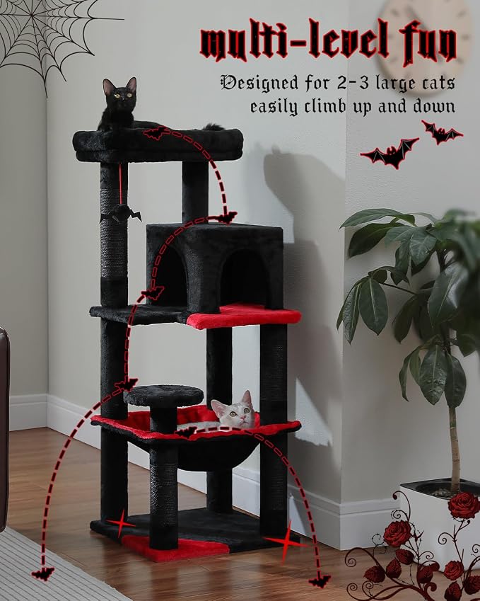 Gothic Cat Tree with Super Large Hammock, 45.7" Black Cat Tower with Coffin Bed - Image 7