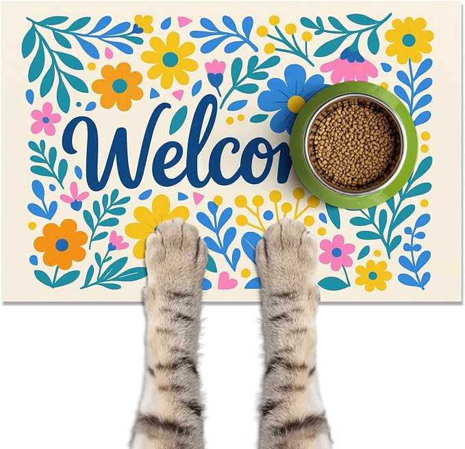 Spring Pet Feeding Mat 24" x 16" Colorful Welcome Floral Design Non Slip Dog by HOMETITUTE