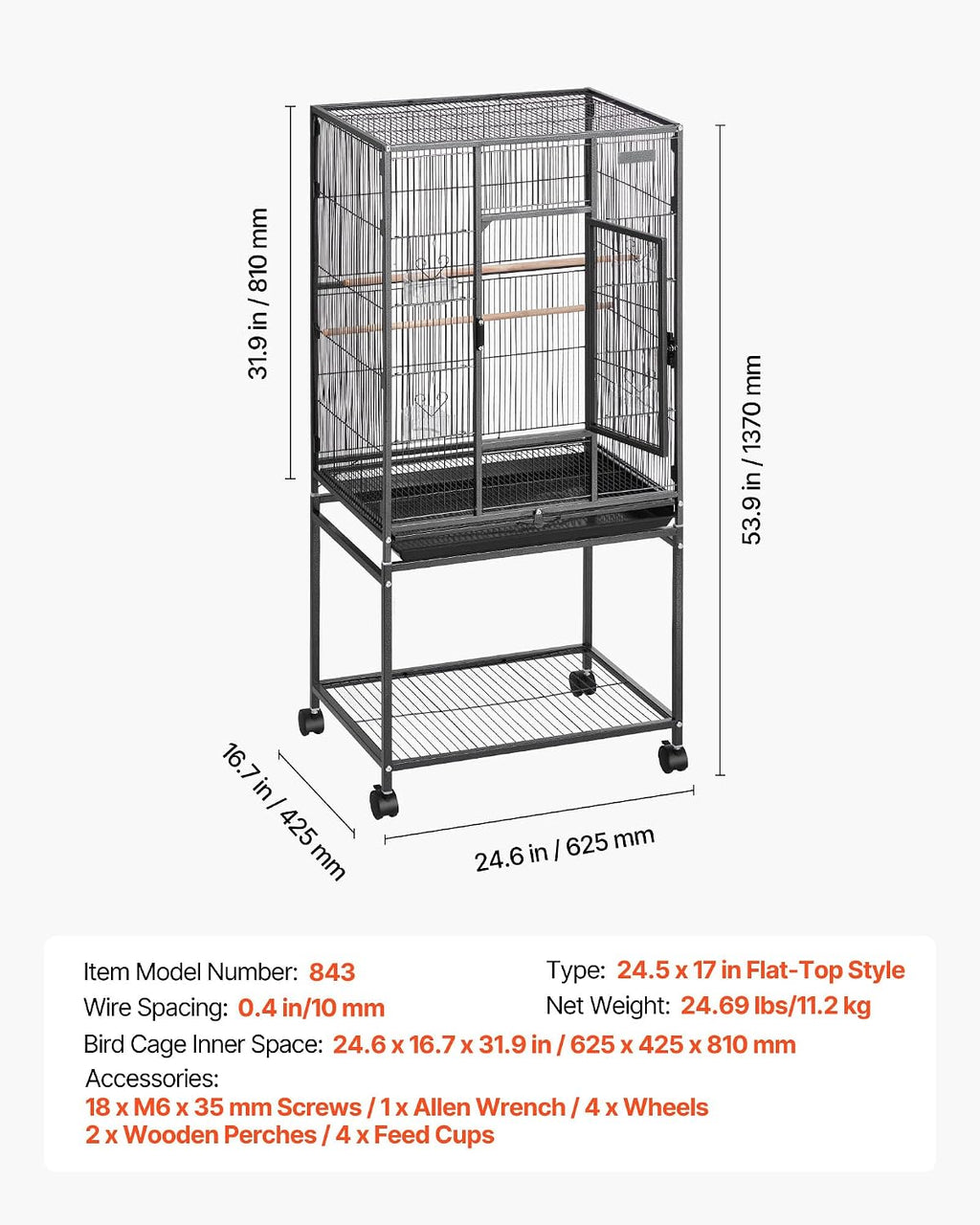 VEVOR Bird Cage, 24.6 x 16.7 x 53.9 Inch, Flat Top - GlobalHabitat Supply