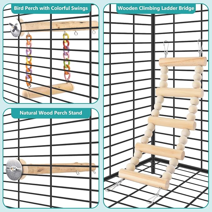 Bird Perches Ladder with Swing, Natural Wood Parrot Climbing Bridge Perch Toys - Image 5