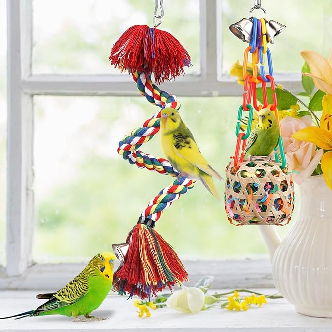 Bird Toys Rope Perch with Bell Colorful Bird Chewing Shredding Foraging Toys - Image 2