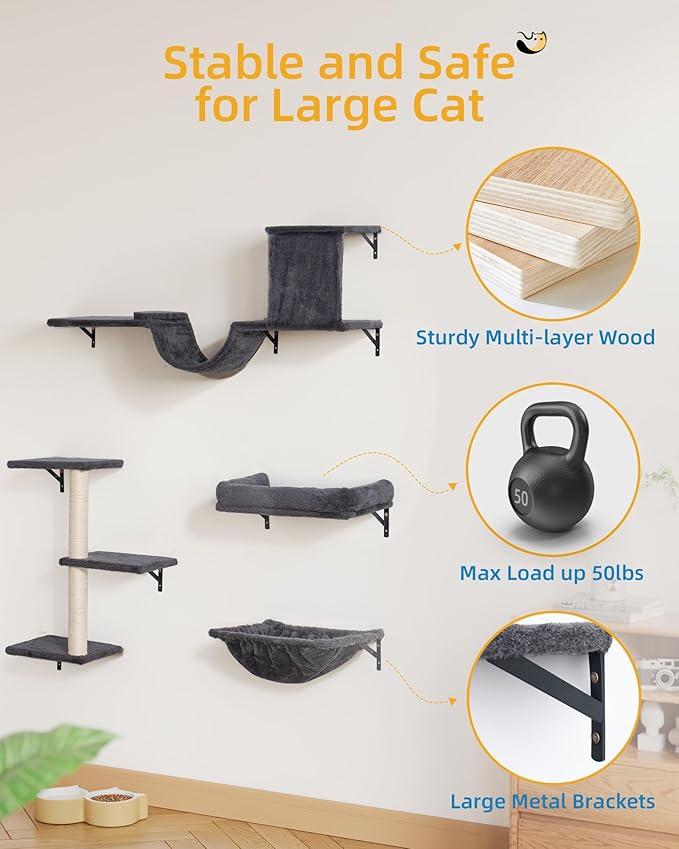 Heavy Duty Cat Wall Shelves for Indoor Cats Large Adult, 5-in-1 Wall-Mounted - Image 6