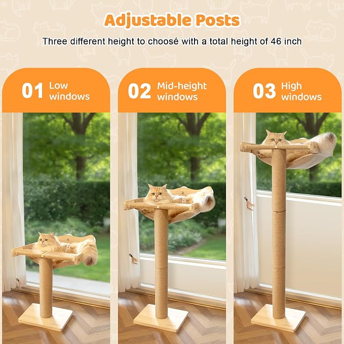 46" Cat Window Perch with 3 Adjustable Sisal Scratching Posts, Drill-Free - Image 7