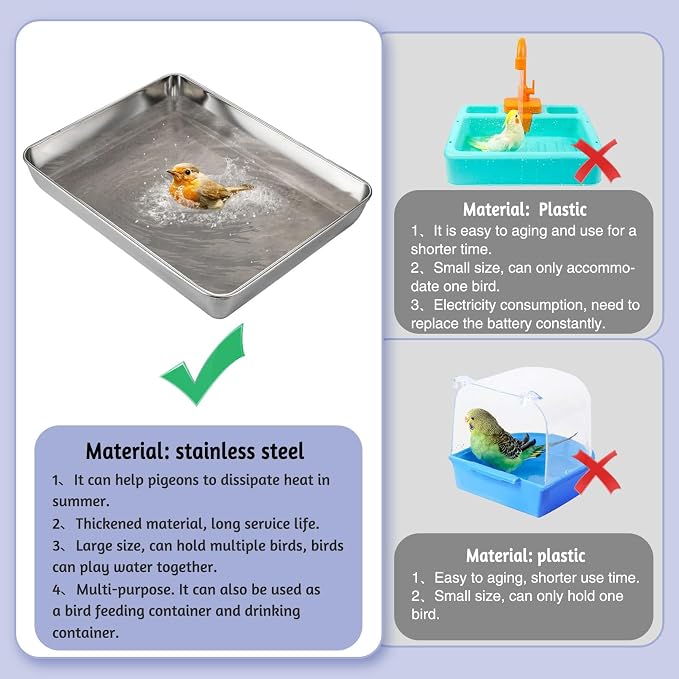kathson Stainless Steel Bird Bath 16.14"×12.2"×2.36" Metal Bird Bath Tray Pet - Image 2