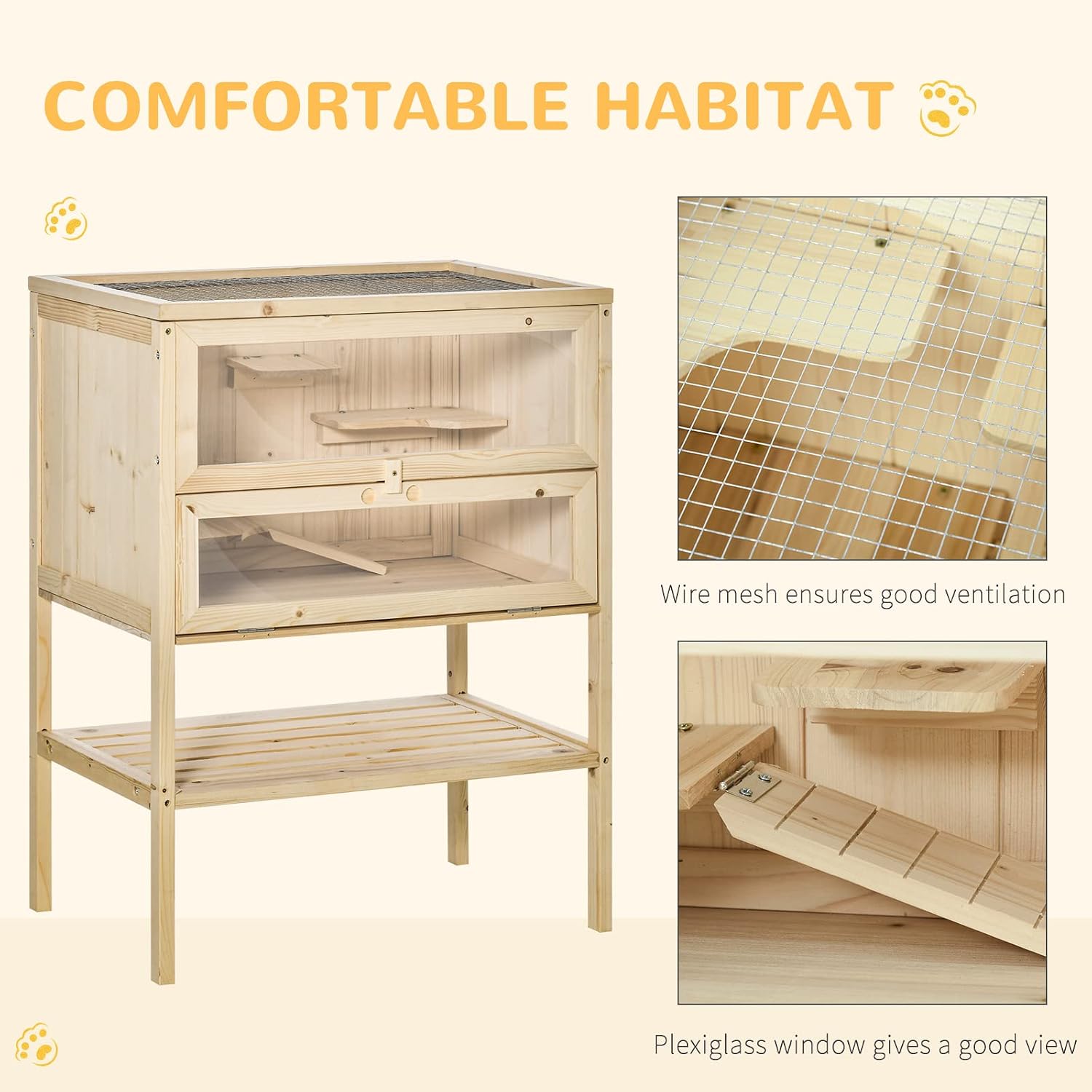 PawHut 3-Tier Wooden Hamster Cage with Storage Shelf - GlobalHabitat Supply