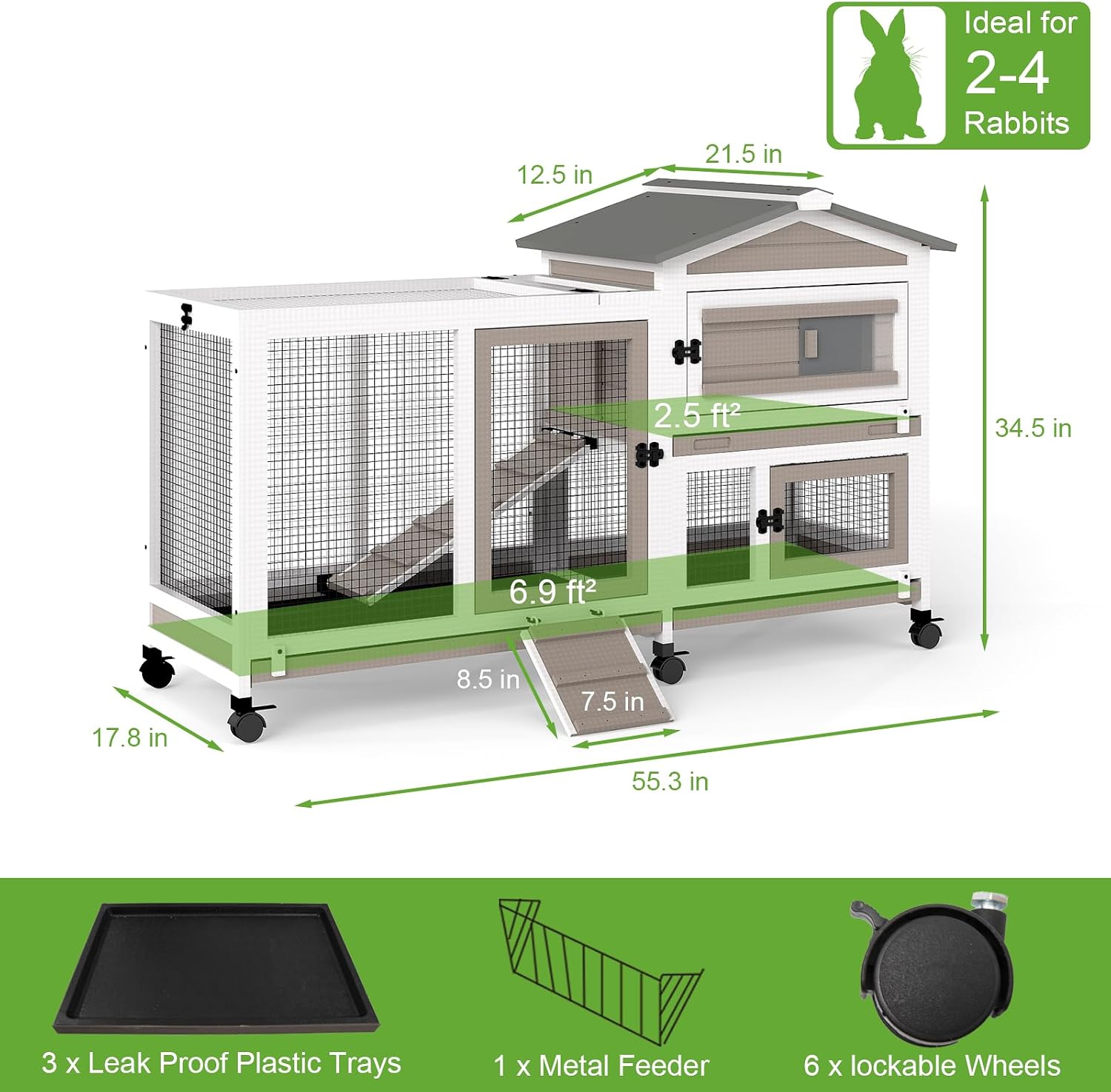 2-Story Wooden Rabbit Hutch with 6 Lockable Wheels - GlobalHabitat Supply