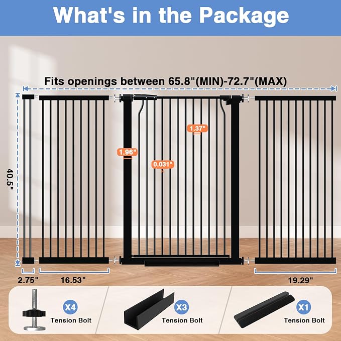 65.7"-72.2" Extra Wide Baby Gate, 40.5" Tall Dog Gate Indoor, Walk Through Pet - Image 9