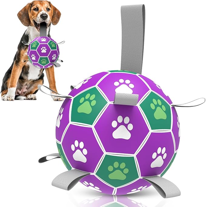 Dog Toys Soccer Ball with Nylon Strap, Puppy Birthday Gifts, Dog Outdoor Toys by KeepYourDogsHappy