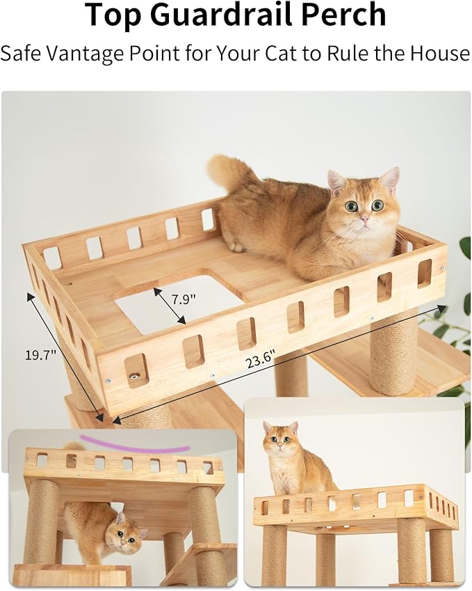 74" Wooden Cat Tree Tower for Large Cats, Cat Condo & Hammock, Natural Wood Cat - Image 5