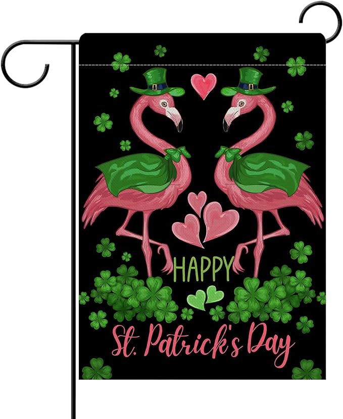 Dyrenson Happy St Patricks Day Flamingo Decorative Garden Flag, Lucky Shamrock by Dyrenson