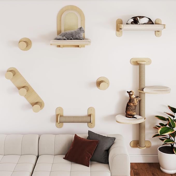 BYBYME 7Pcs Cat Wall Shelves, Solid Wood Indoor Cat Tree, Sturdy Wooden Wall by BYBYME