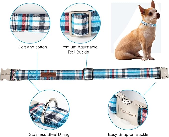 Unique style paws Dog Collar Metal Buckle Blue Plaid Durable Cute Puppy Collar - Image 2