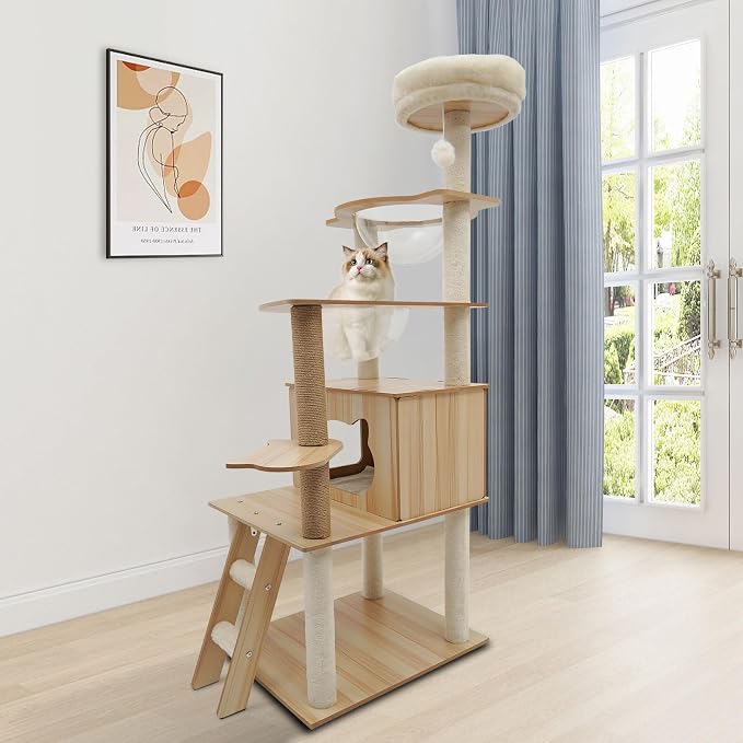 Wood Cat Tree, Modern 5-Tier Wooden Cat Tree, Wooden Tower - Image 6