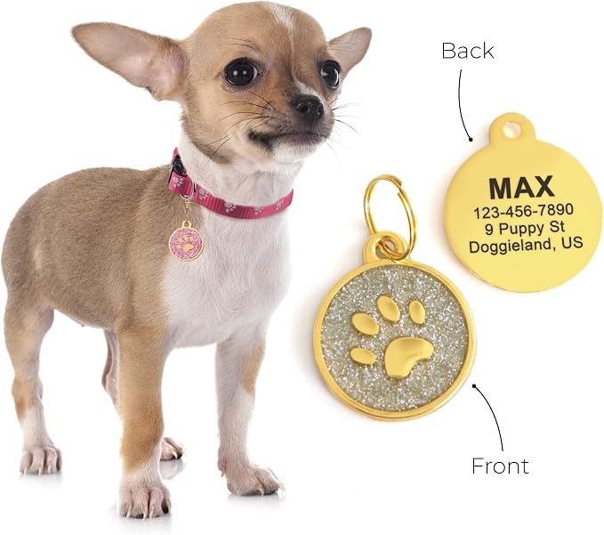 Paw Shape Dog ID Tag Stainless Steel Custom Laser Engraved, Cute Bling Glitter - Image 9