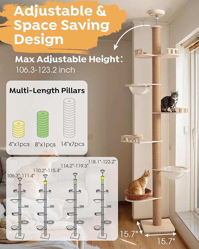 Veehoo Floor to Ceiling Cat Tree Height Adjustable, Sturdy Tall Cat Tree - Image 2