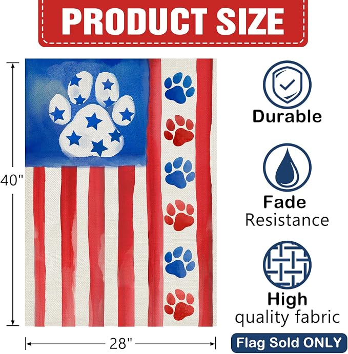 Dyrenson 4th of July Dog Cat Paw Prints 28 x 40 House Flag Double Sided - Image 2