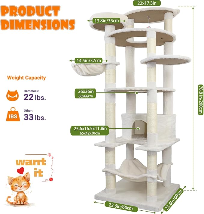 78.8" Large Cat Tree Tower for Indoor Kitties, Sisal Scratching Posts, Hammock - Image 2