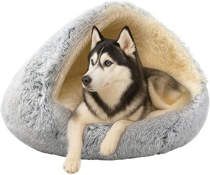ShinHye Round Plush Fluffy Hooded Cat Bed Cave, Cozy by ShinHye