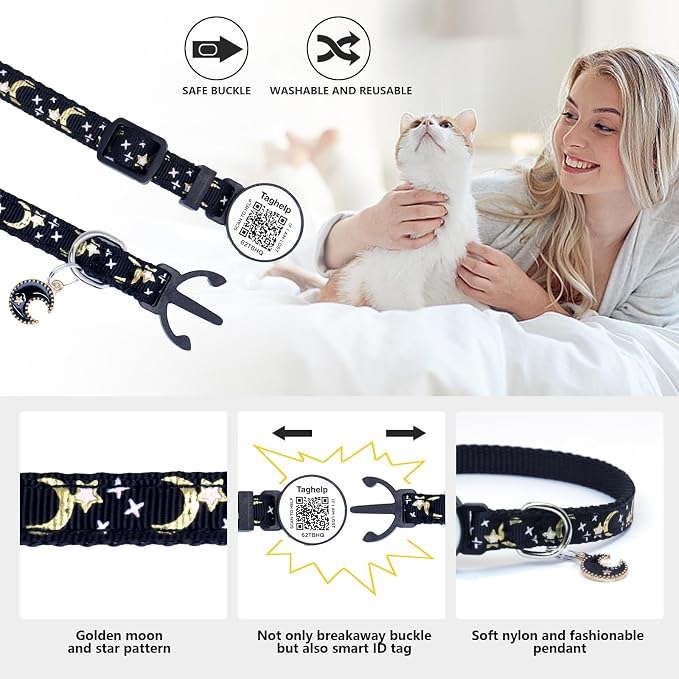 Cat Collar Stars and Moon, Reflective no Bell, Solid & Safe Collars - Image 2