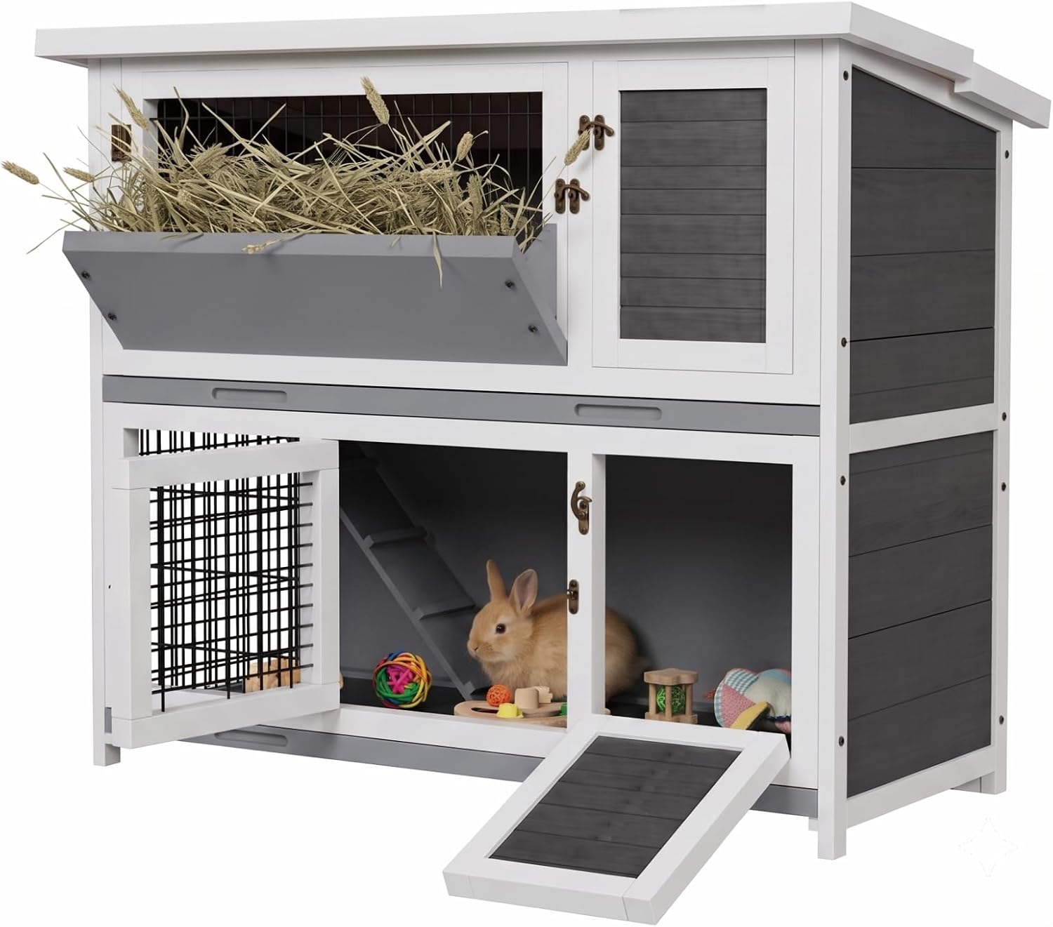 STILLCOVE 2-Story Rabbit Hutch with Hay Feeder, Grey - GlobalHabitat Supply