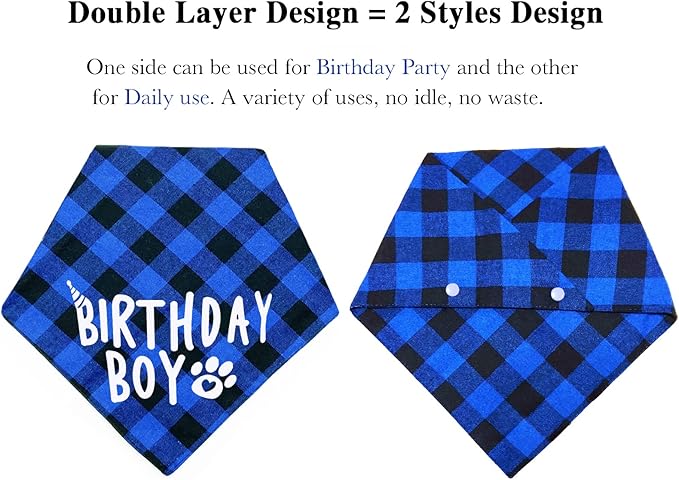 Plaid Dog Bandana with Button, Dual Layer Soft Cotton Triangle Dog Scarf - Image 3